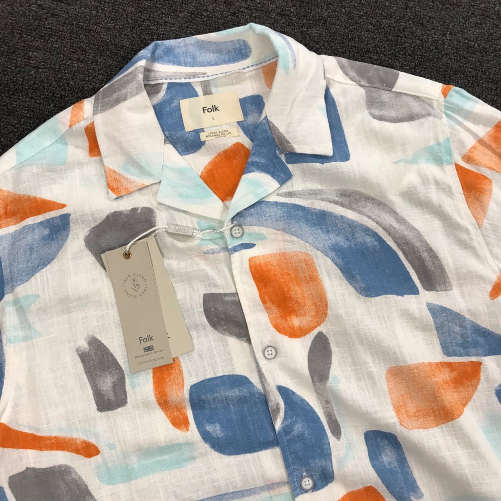 Folk Mens Large Linen Blend Abstract Geometric Short Sleeve Camp Collar Shirt NW